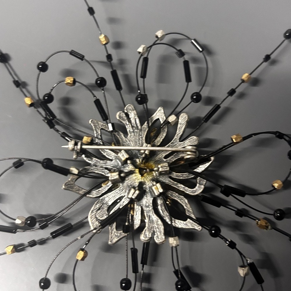 Large Statement Flower Starburst Brooch Pin Black Rhinestone Beaded Silver Tone - Picture 5 of 12